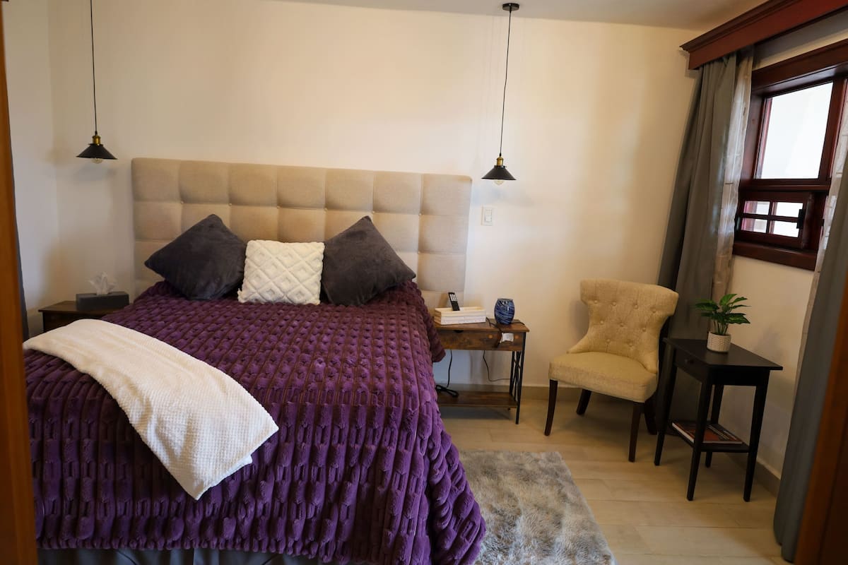 Ein Schlafzimmer mit einem großen Bett, zwei Nachttischen, einem Sessel, einem kleinen Tisch mit einer Pflanze und einem Fenster mit Vorhängen.