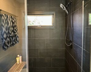 Shower, hair dryer, towels - Chic, Mid Century Modern 3 bedroom Home, Close to Downtown GB! (Great Barrington)