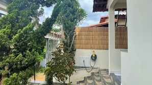 A courtyard with a patterned tile floor, a bamboo fence, and a tall tree. - Pet-Friendly Home (Guarapari)