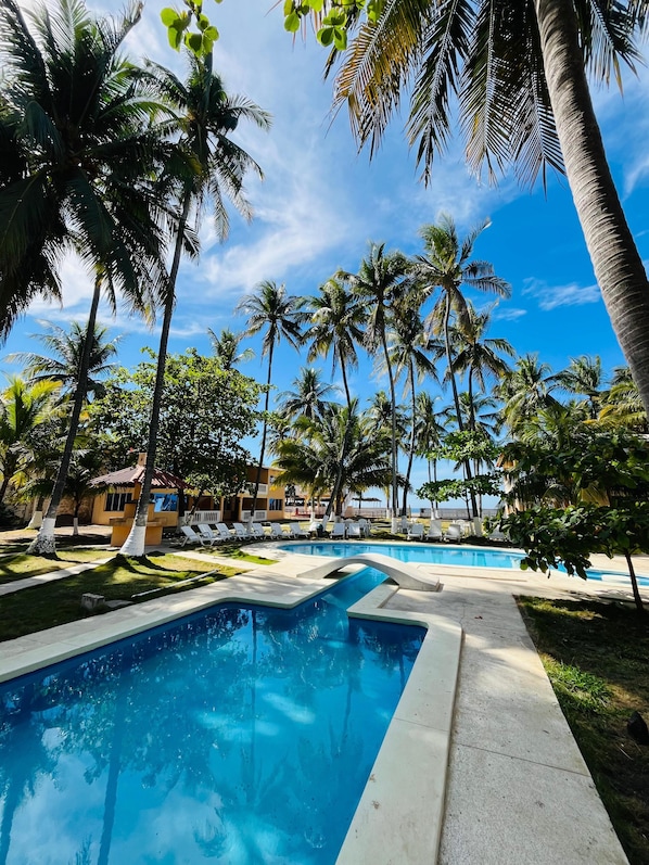 A pool area with palm trees, lounge chairs, and a building in the background.