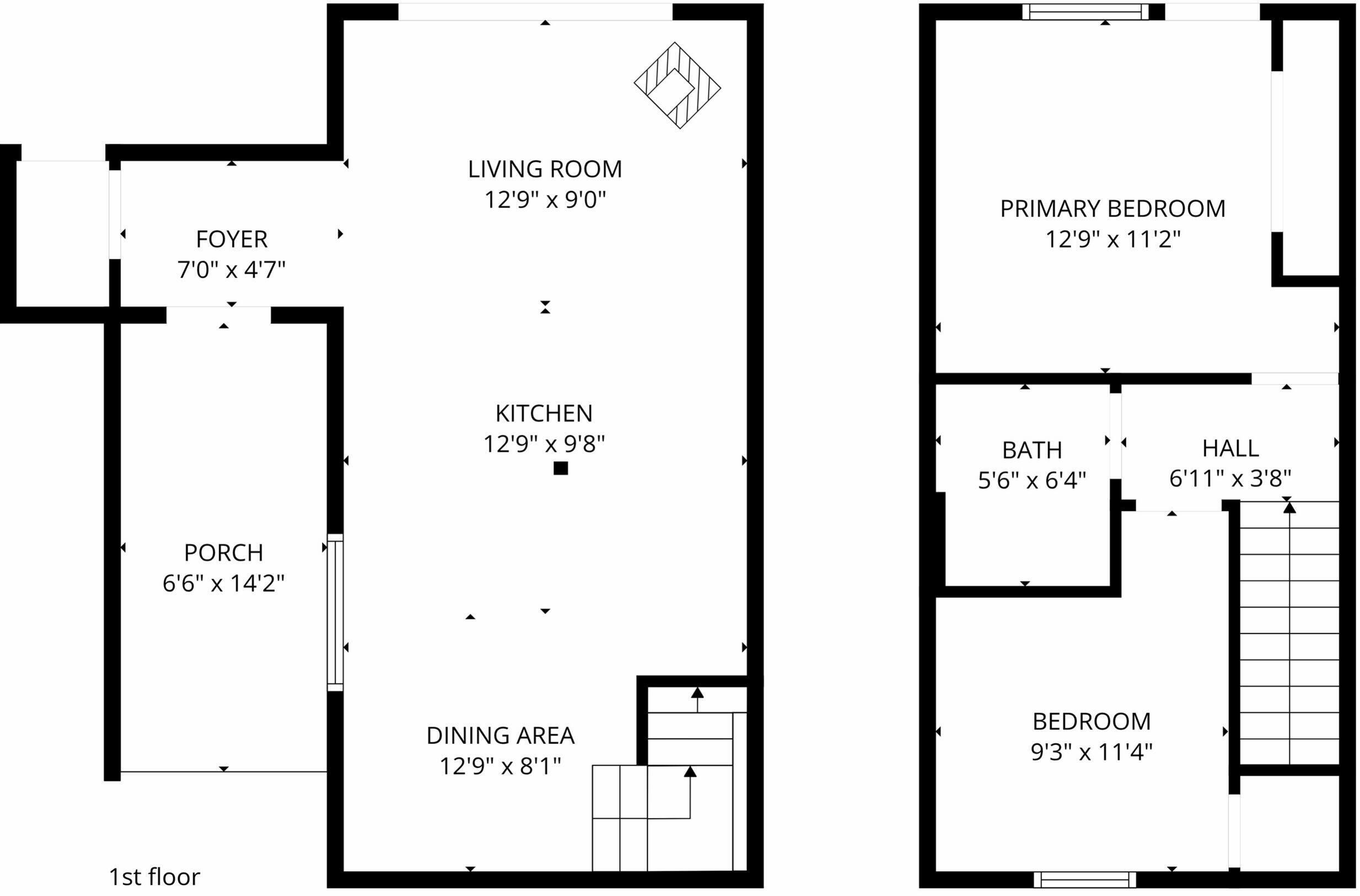 Grundriss der ersten Etage mit Wohnzimmer, Küche, Essbereich, Eingangsbereich und Schlafzimmer.