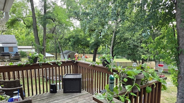 Une terrasse en bois aménagée avec du mobilier d’extérieur, des plantes en pot et un espace barbecue.