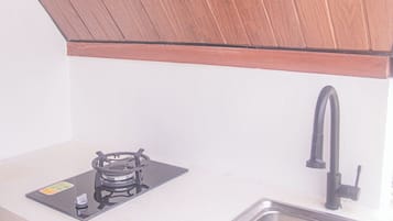 Mini-fridge, dishwasher, cookware/dishes/utensils