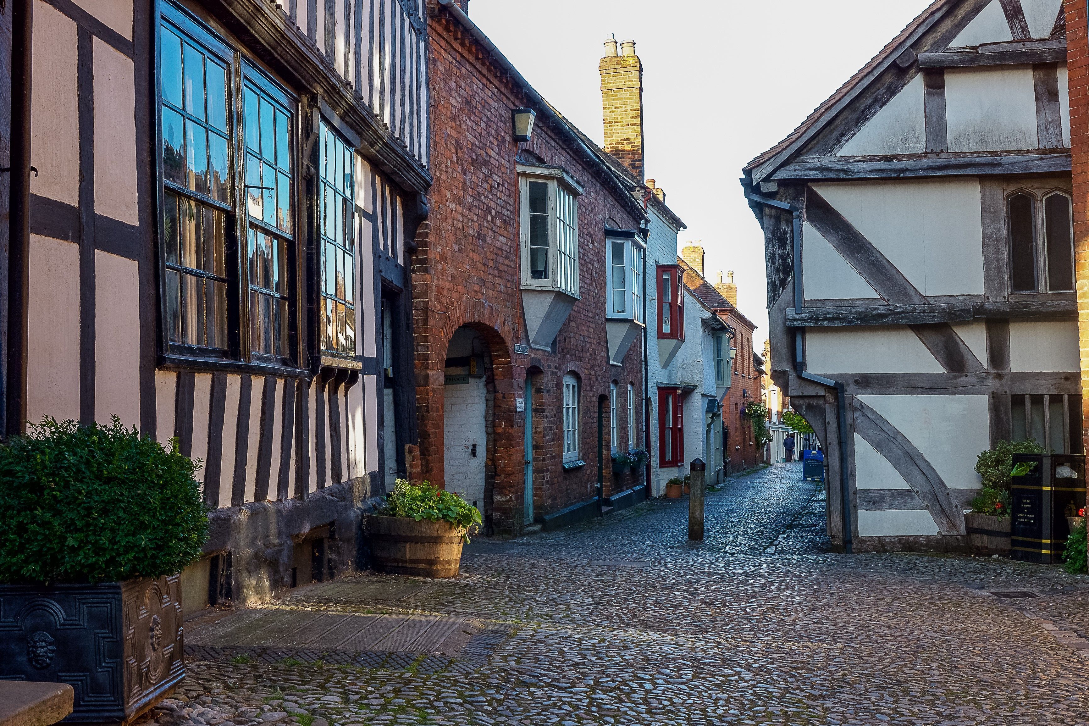 A cobblestone street lined with traditional half-timbered buildings.