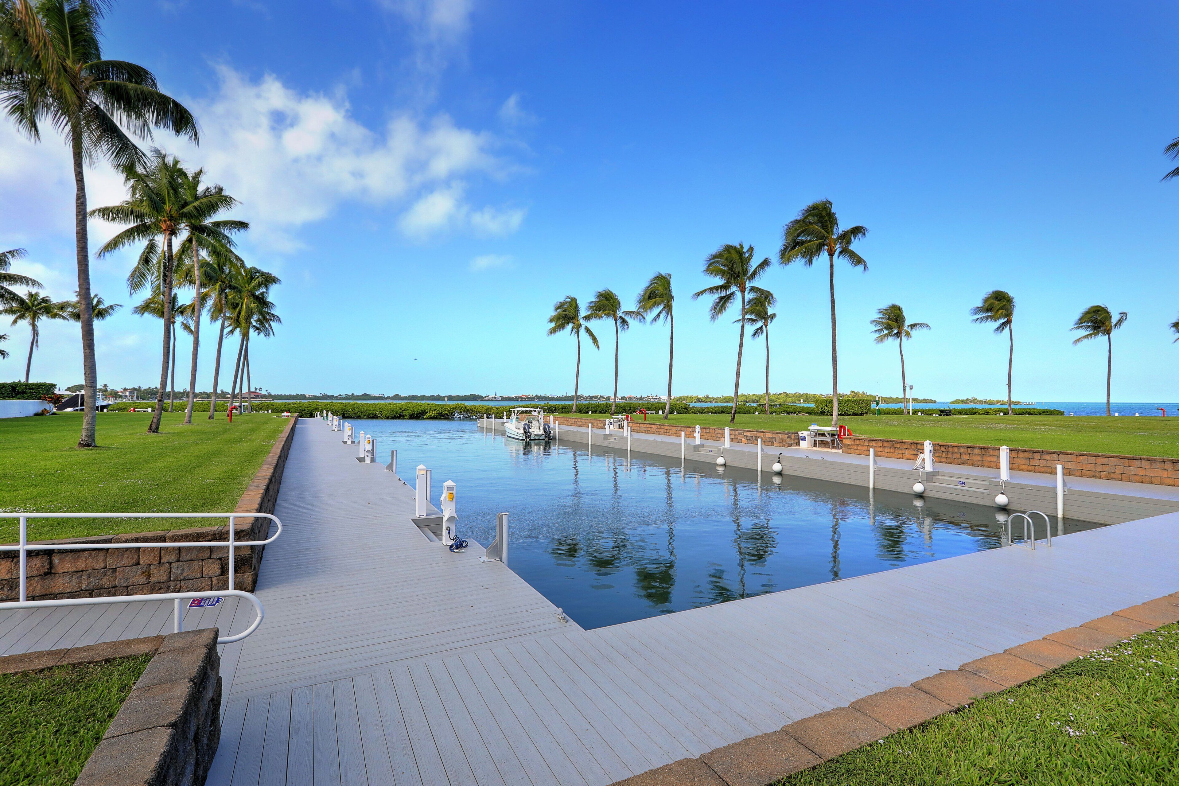 A swimming pool with a wooden deck, palm trees, and a view of the ocean.