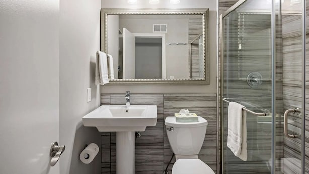 A bathroom with a white sink, a toilet, and a glass shower enclosure. - Brookwood Courtyard by BCA Furnished Apartments Bcc1b 03 C (Atlanta)
