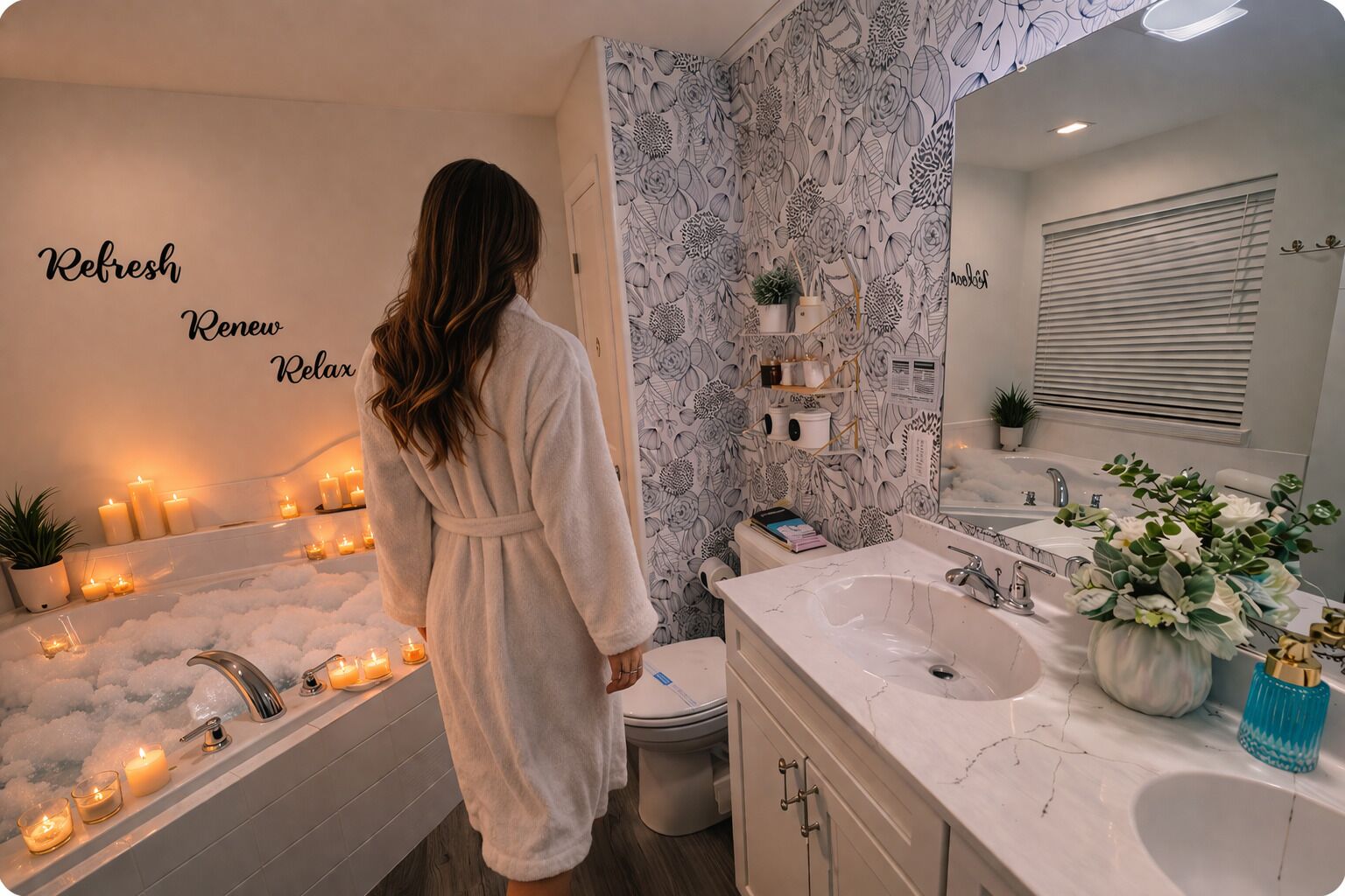 Une salle de bain avec une baignoire remplie de mousse, un lavabo, des toilettes et un miroir.