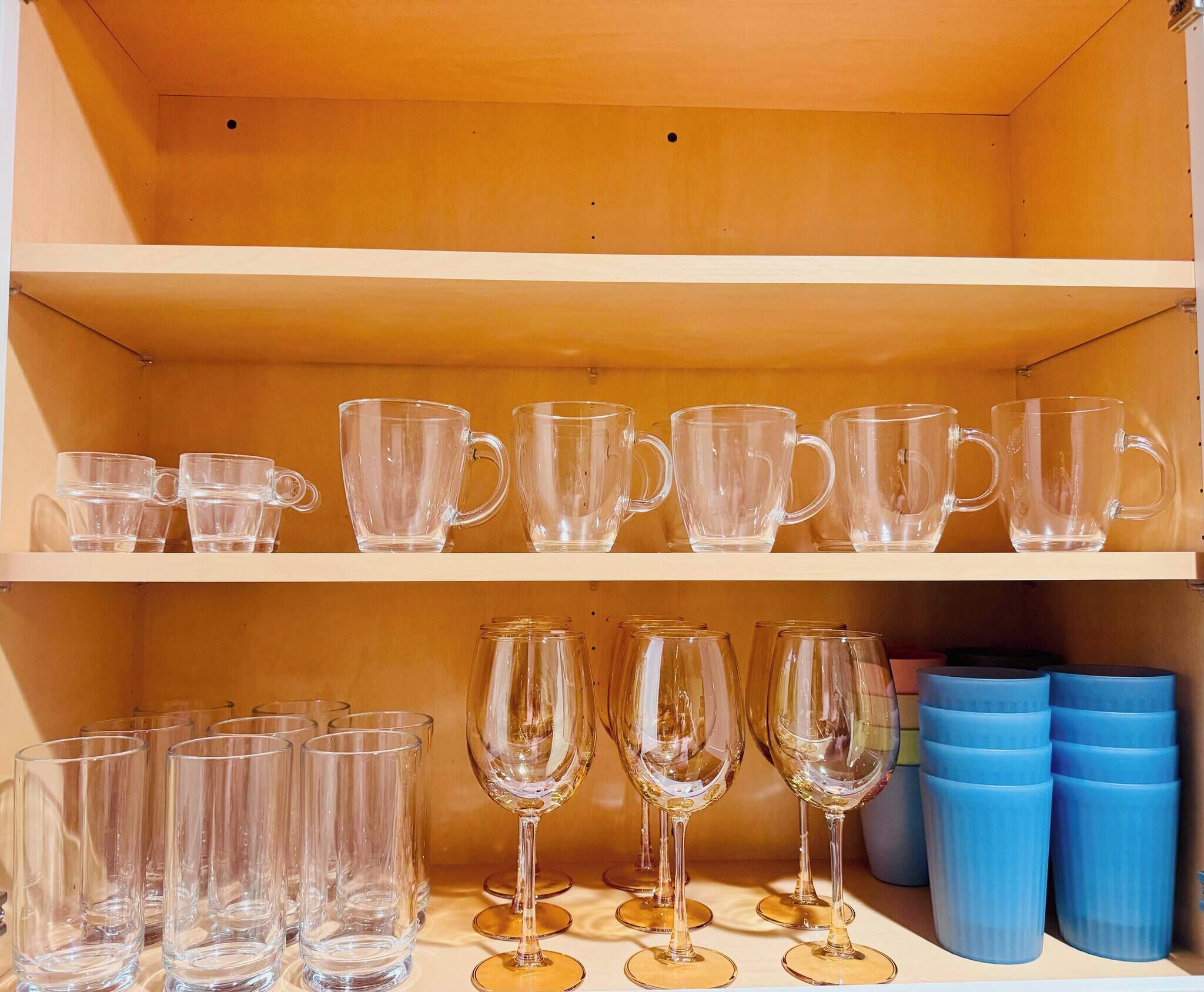 Een plank met glazen drinkbekers en wijnglazen, en blauwe plastic bekers.