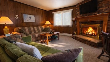 Smart TV, fireplace, table football, books