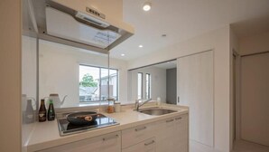 A modern kitchen with a large island, stainless steel appliances, and a window providing natural light. - Opt Kuamaoto Mashiki (Mashiki)