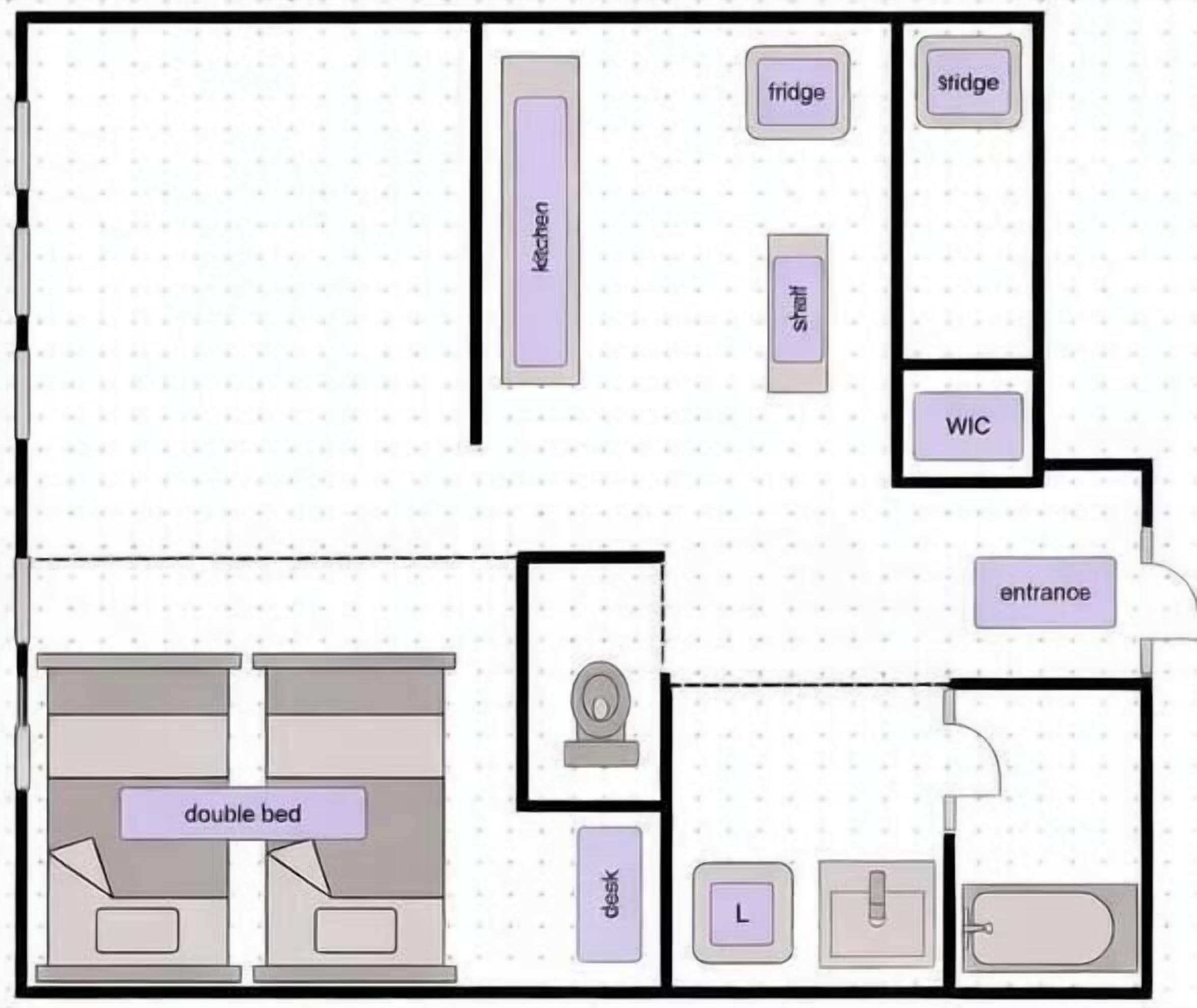 Pianta dei pavimenti con un letto matrimoniale, una scrivania, frigorifero, fornelli, cabina armadio, ingresso e angolo cottura.