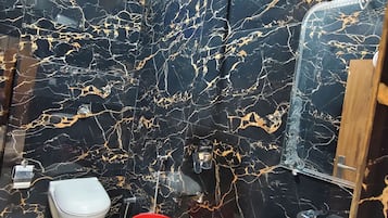 Shower, rainfall showerhead, bidet, towels