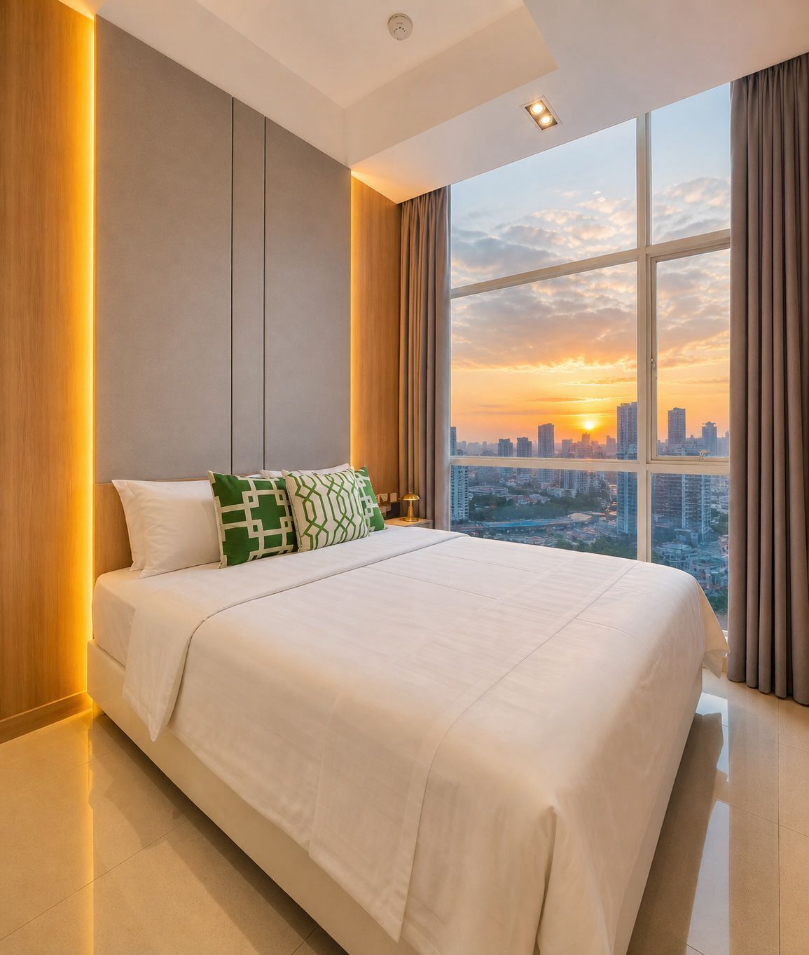 Een moderne hotelkamer met een groot bed, uitzicht over de stad en een groot raam.