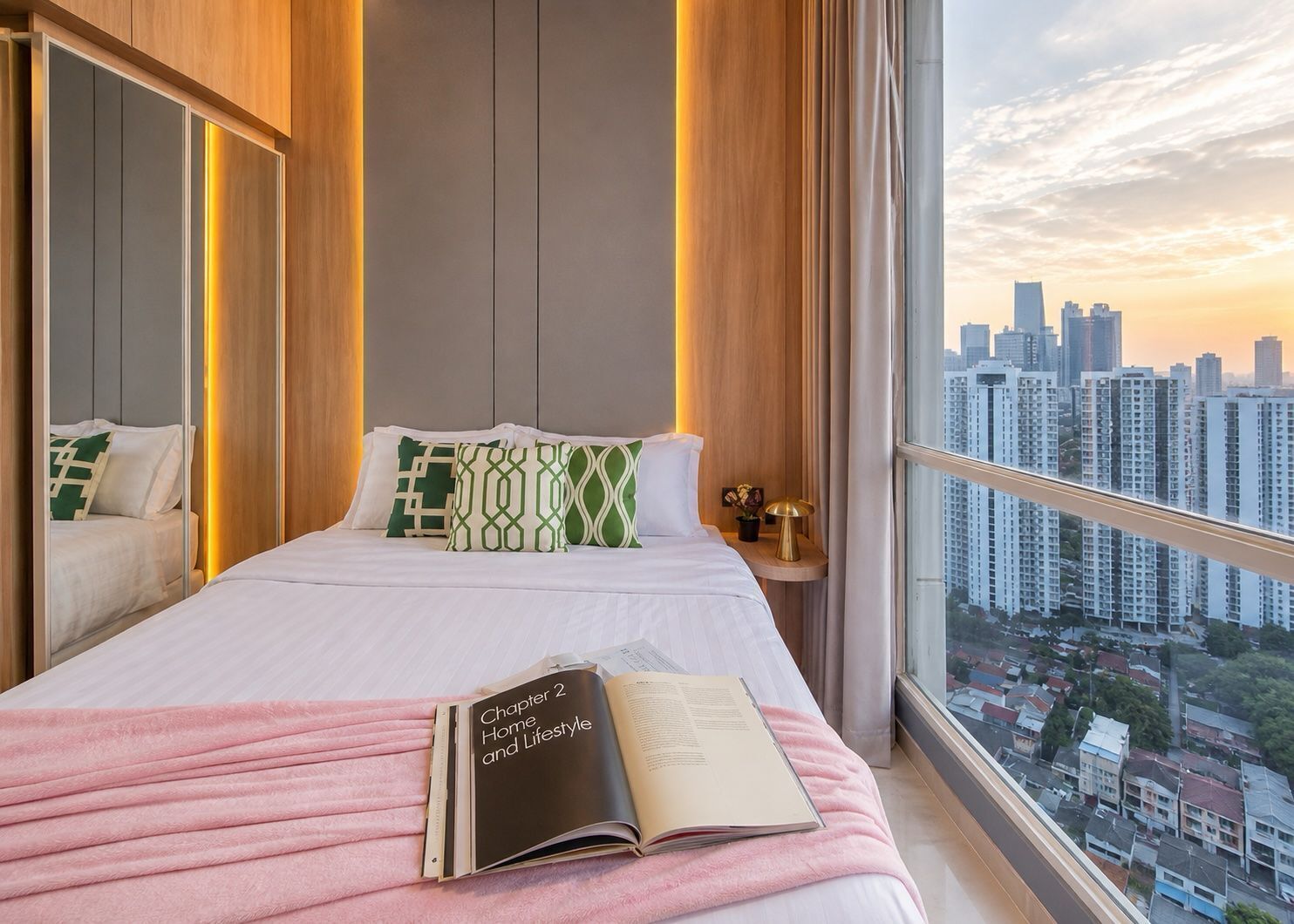 A modern hotel room with a large bed, a book titled 'Chapter 2 Home and Lifestyle,' a view of a cityscape, and a window with curtains.