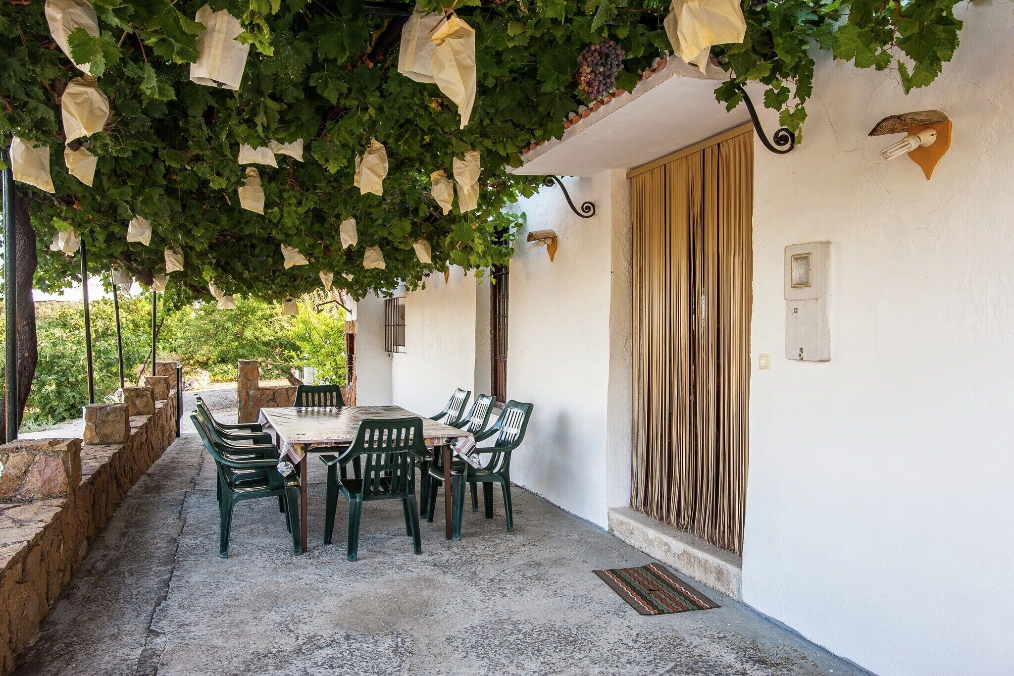 Un patio al aire libre con una mesa y sillas, rodeado por un muro blanco y cubierto de enredaderas verdes.
