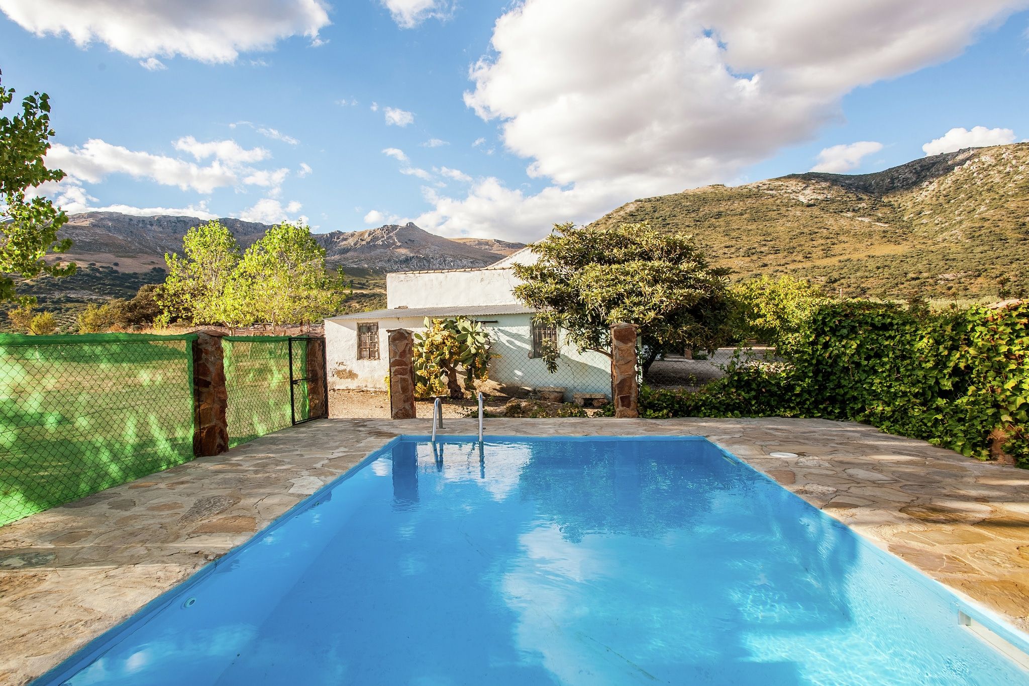 A swimming pool with a stone deck, surrounded by a green fence, with mountains in the background.