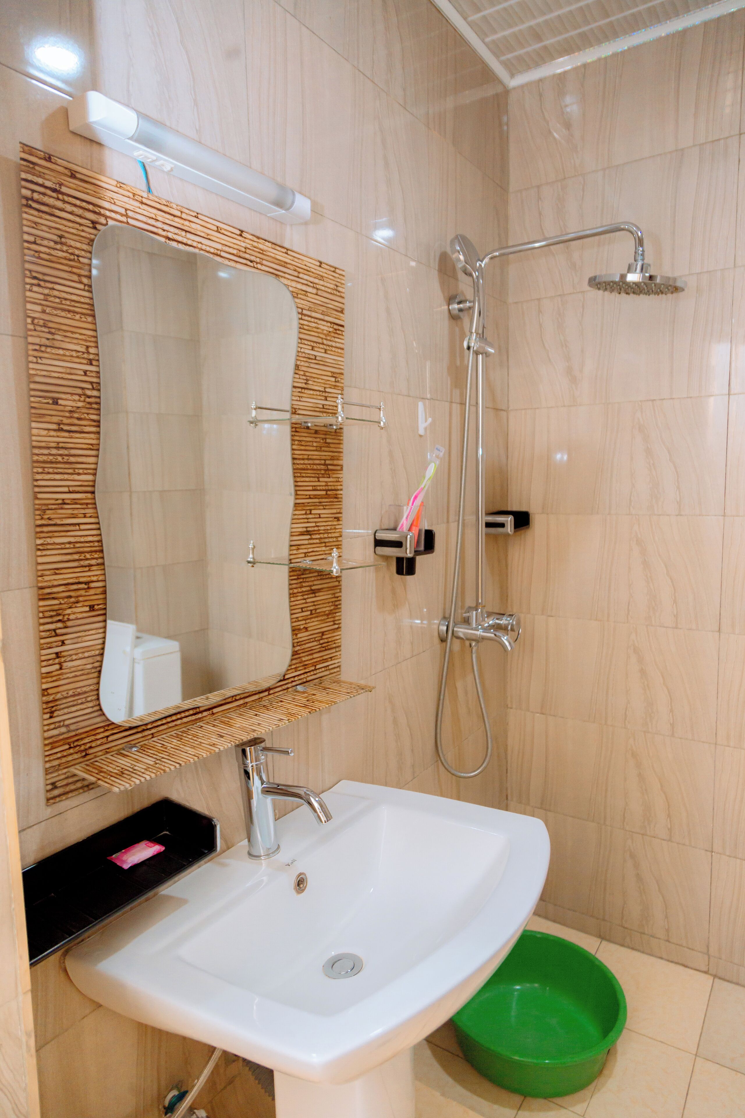 Shower, slippers, towels