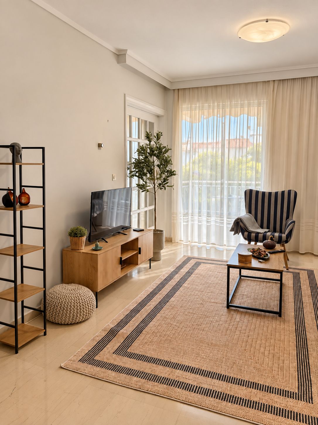 Un salon moderne avec un téléviseur, un fauteuil à rayures, une grande fenêtre avec des rideaux, une plante et un meuble en bois.