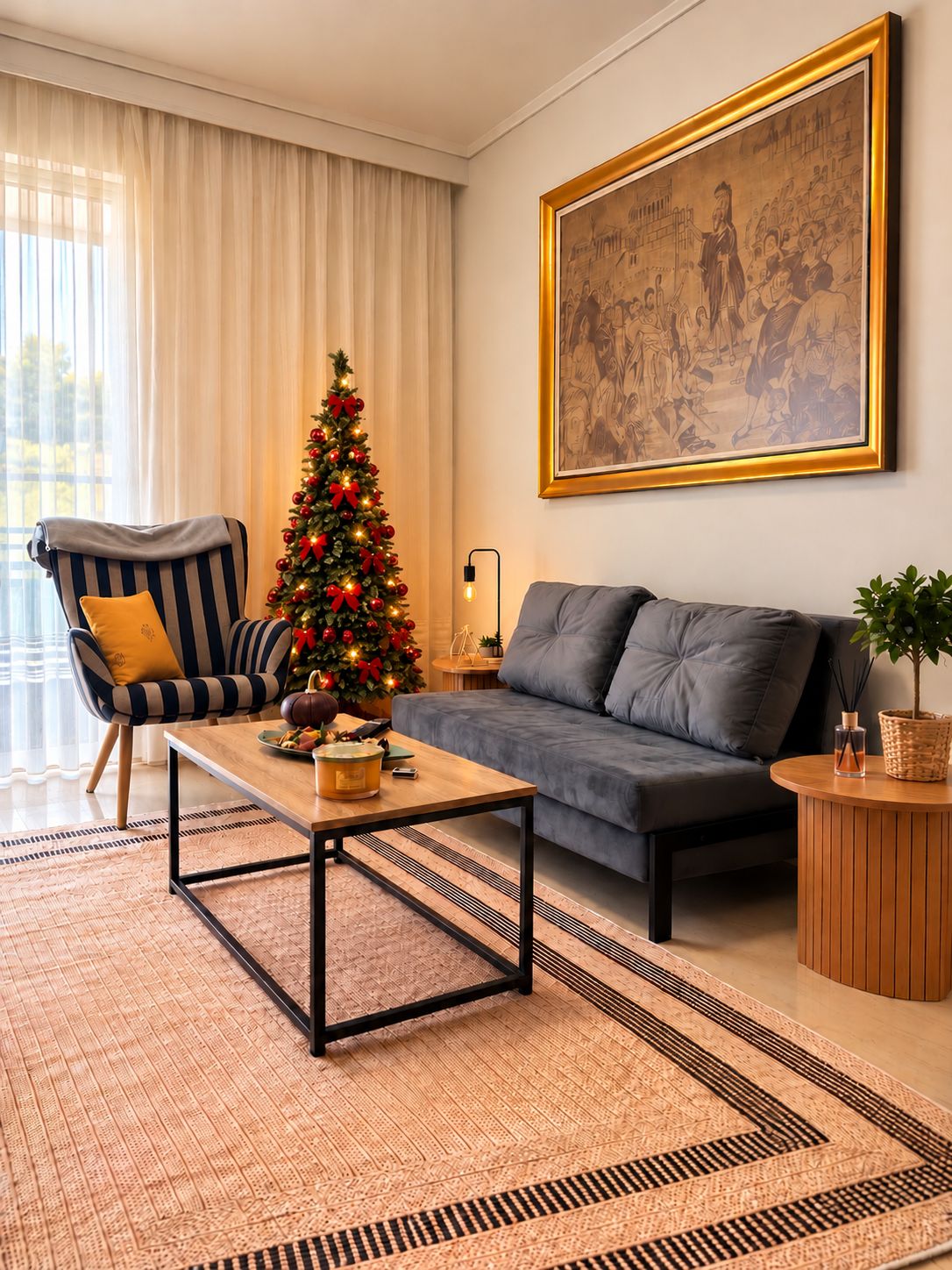 Una sala de estar con un árbol de Navidad, un sofá, una mesa de centro y un cuadro en la pared.