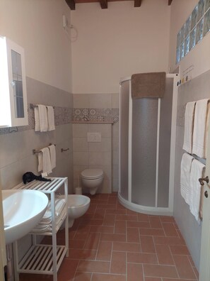 Een douche, een haardroger, een bidet, handdoeken