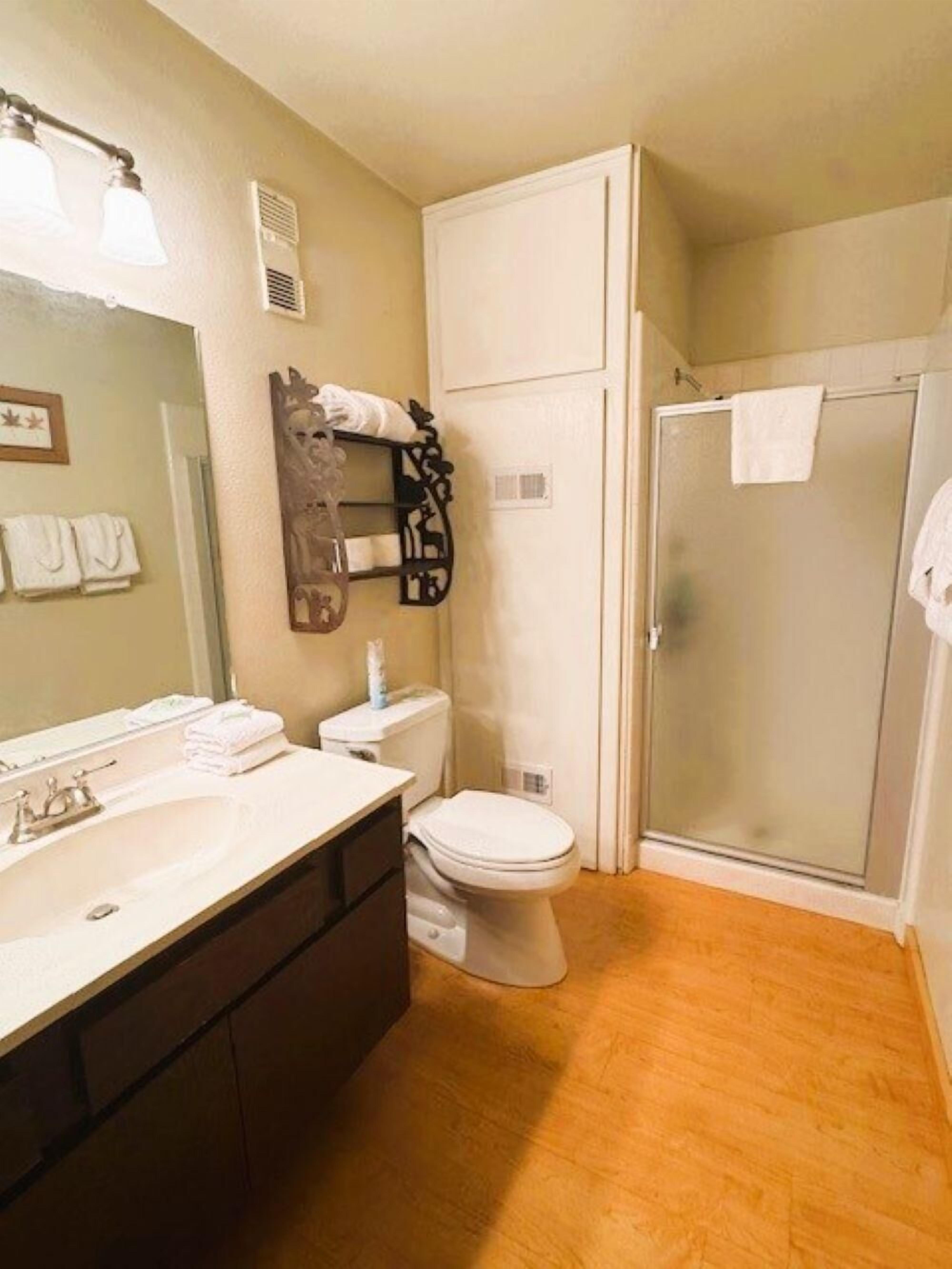A bathroom with a sink, toilet, and glass shower enclosure.