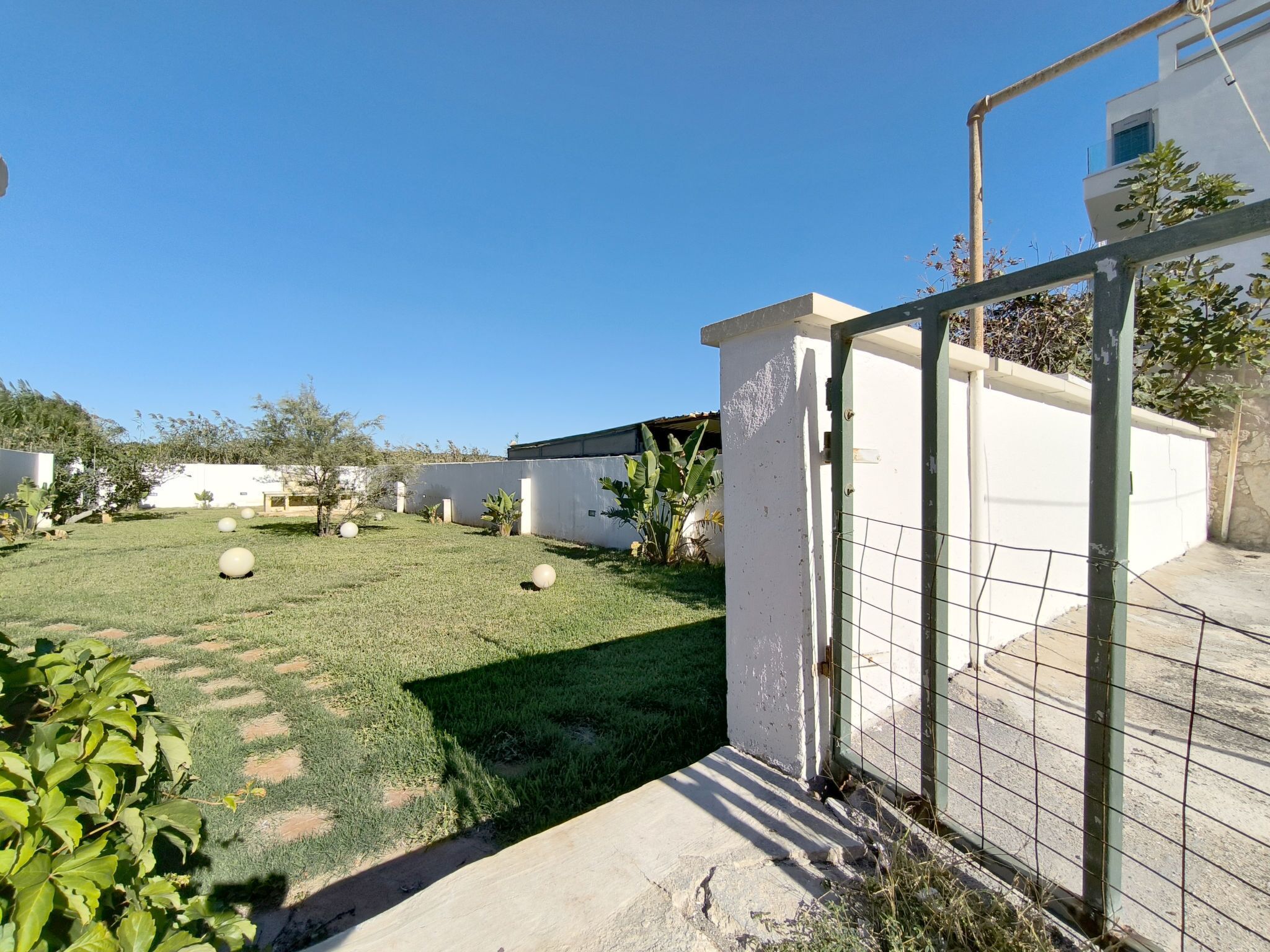 A fenced backyard with a white wall, a concrete pathway, and a metal gate.