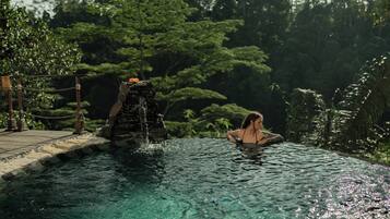A pool with clear water, a waterfall feature, and lush greenery in the background.