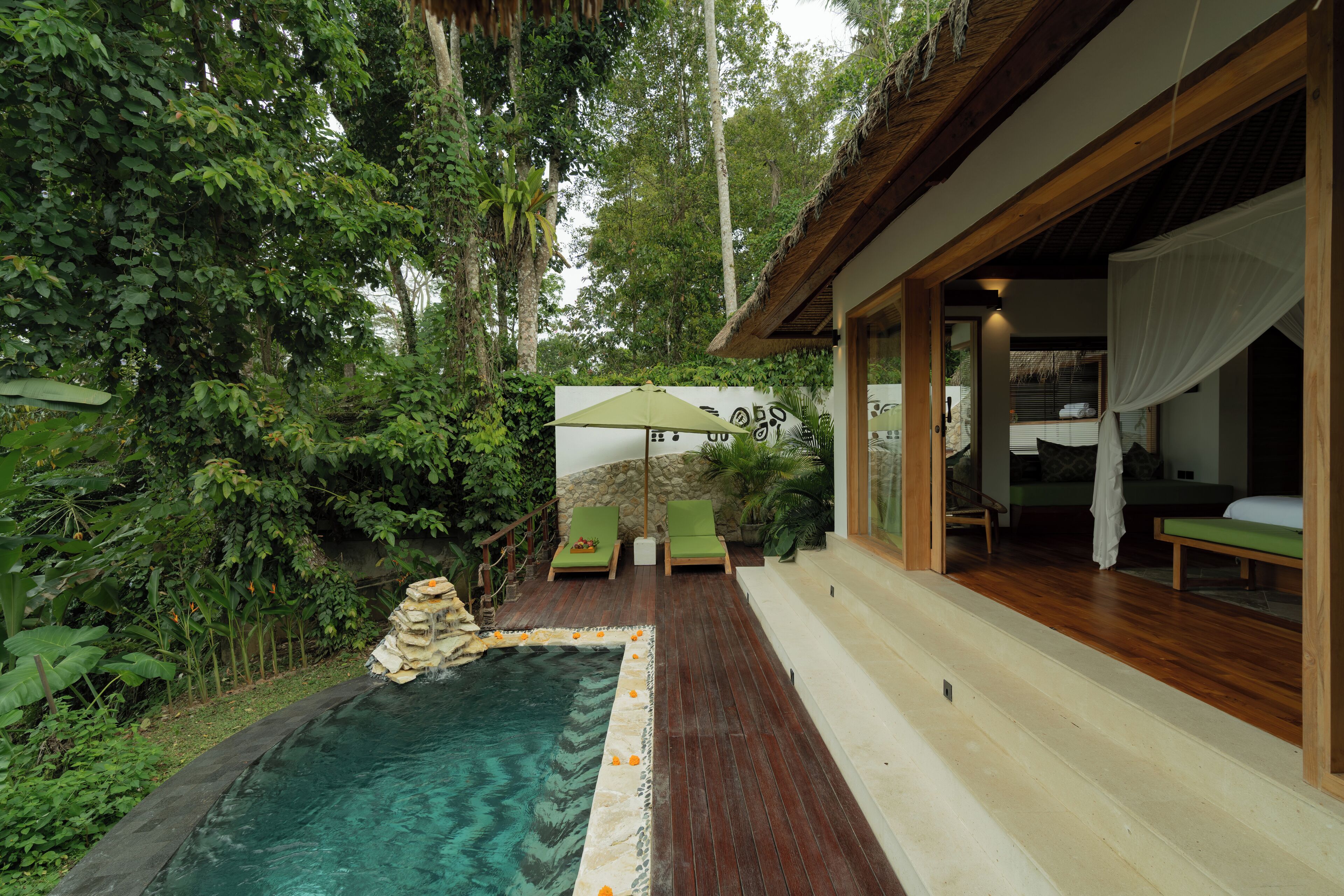 A pool with a stone edge, surrounded by lush greenery, and a wooden deck leading to a room with a bed and a window with a white curtain.