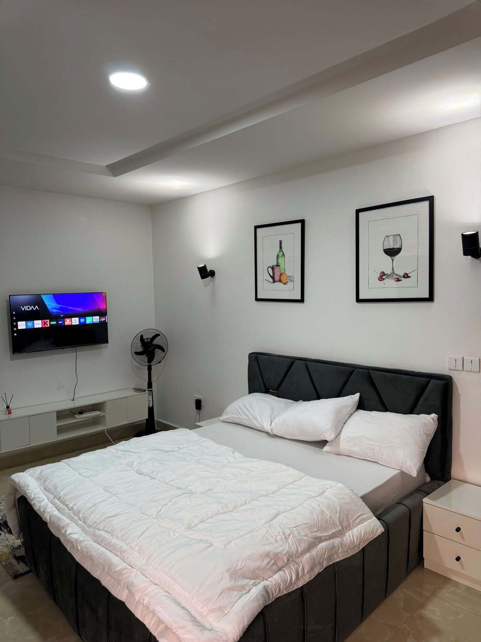 A modern bedroom with a bed, a TV, and two framed pictures on the wall.