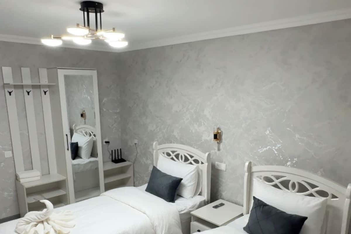 A hotel room with two beds, each with white bedding and pillows, a bedside table with a phone, and a mirror above the bed.