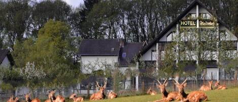 A hotel with a sign that reads "HOTEL Heiderhof" in front of a fenced area with deer.