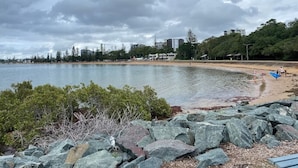 A beach with rocky foreground, calm water, and buildings in the background. - Tennela Haven North Lakes (North Lakes)