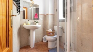 Une salle de bain avec un lavabo, des toilettes et une douche.