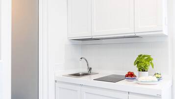 Jääkaappi, mikroaaltouuni, liesi, kahvin-/teenkeitin