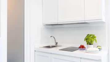 Jääkaappi, mikroaaltouuni, liesi, kahvin-/teenkeitin