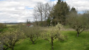 Paisatge rural amb una casa, arbres i una tanca.