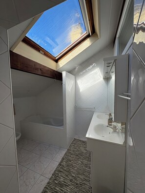 Une salle de bain moderne avec une lucarne, une baignoire et un lavabo.