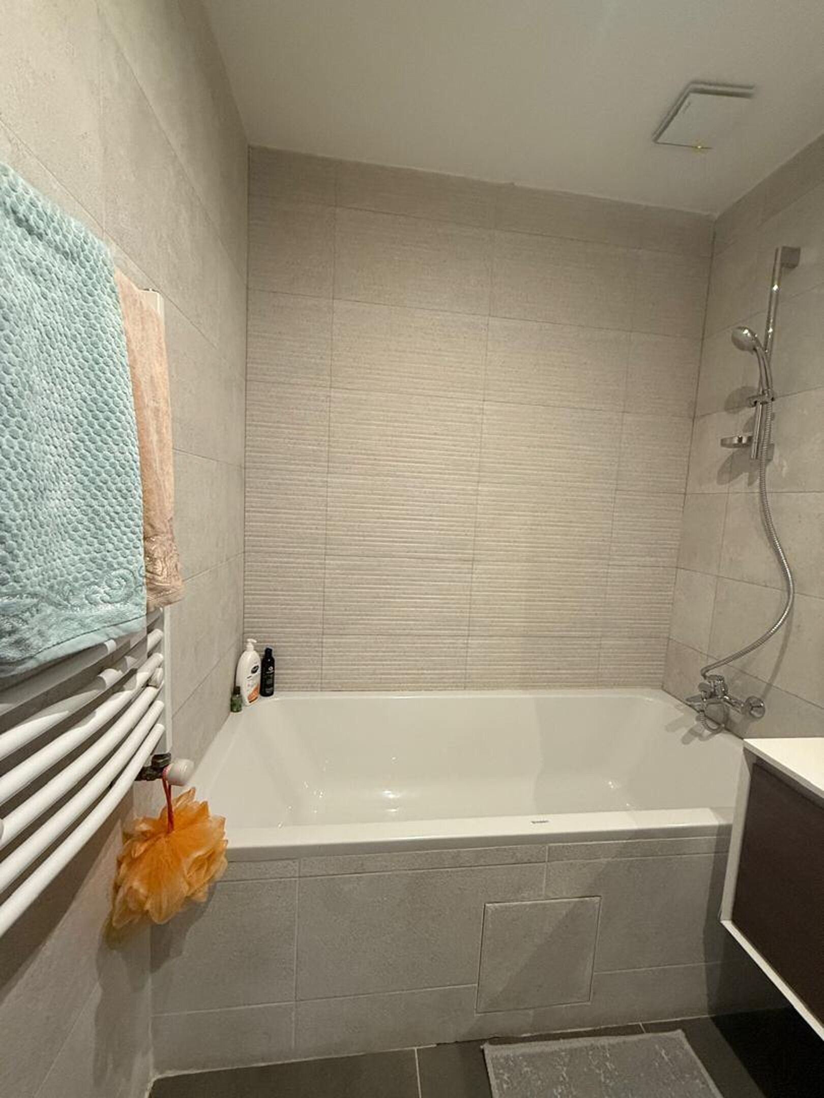 Een moderne badkamer met een bad, douche en toilet.
