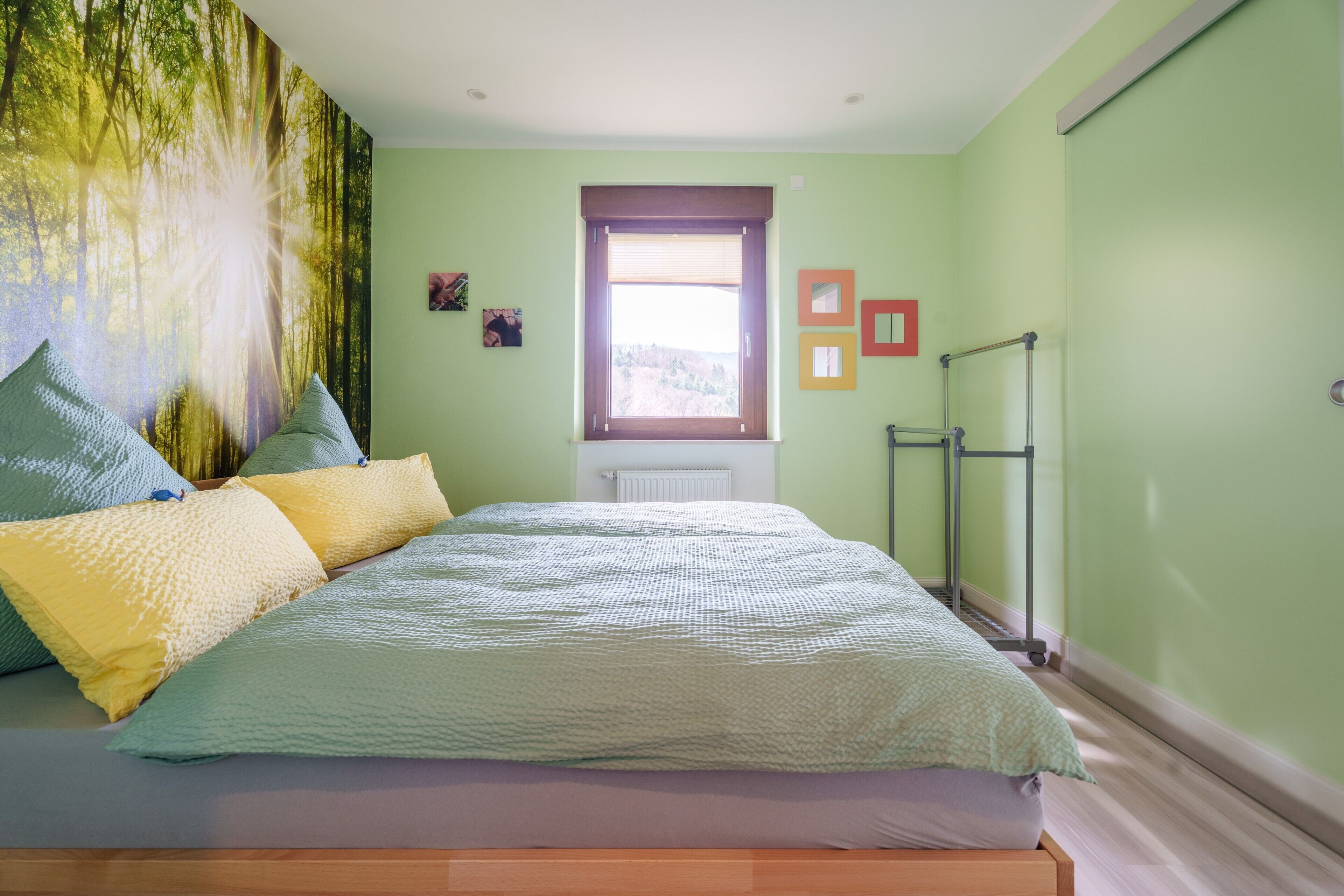 A bedroom with a bed, a window, a radiator, and a wall-mounted rack.