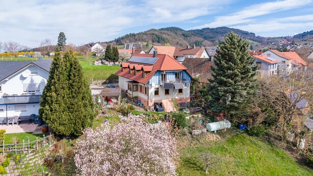 A residential area with houses, a garden, and a hill in the background. - Apartment 'Haus Gertrud' with Mountain View, Shared Terrace, and Wi-Fi (Bühl)