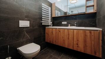 Une salle de bain moderne avec des toilettes, un meuble-lavabo en bois et un miroir.