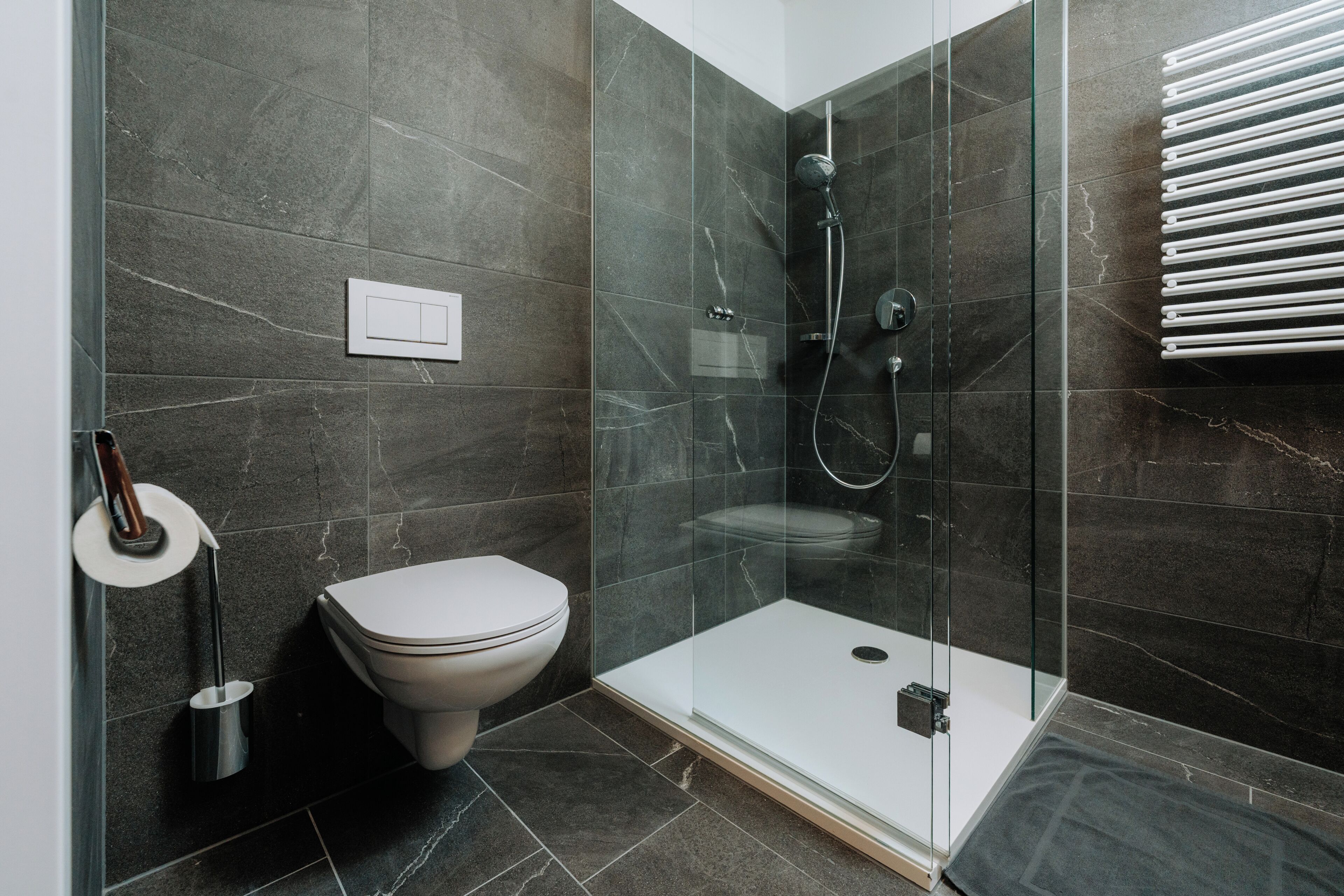 A modern bathroom with a glass-enclosed shower, a toilet, and a towel rack.