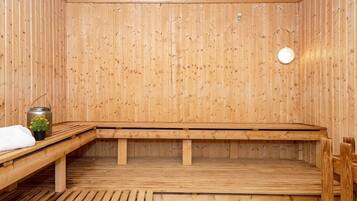 A sauna with wooden walls and benches.