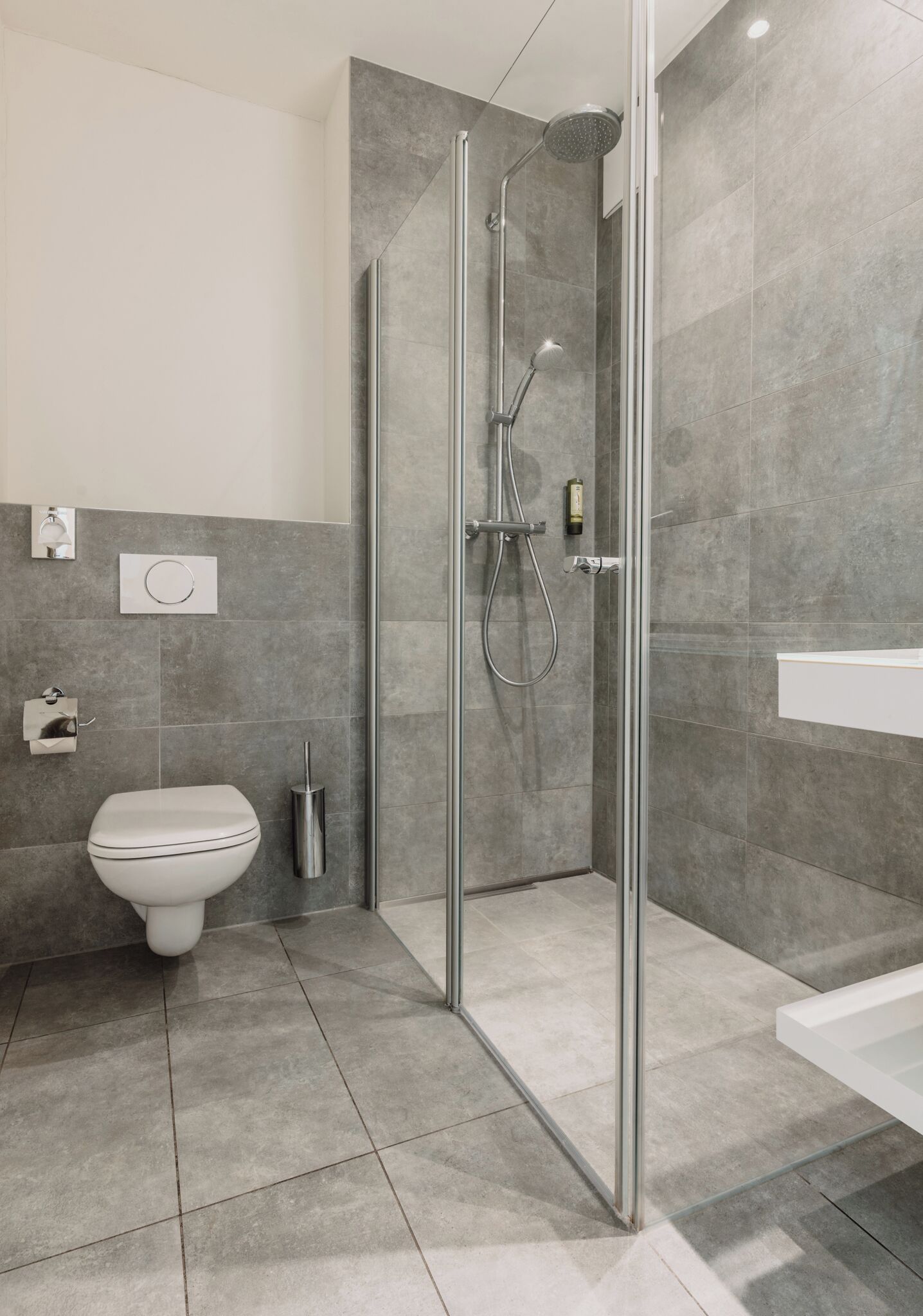 Une salle de bain moderne avec une douche à parois de verre, des toilettes et un lavabo.