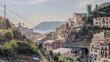 A coastal town with buildings on a hillside, a bridge, and a tunnel.