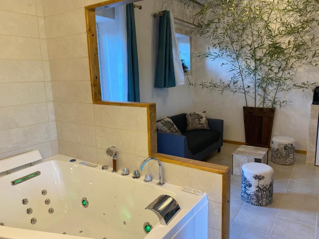Une salle de bain moderne avec une grande baignoire, un miroir et une plante en pot.