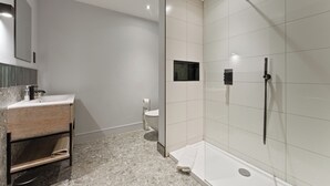 Casa de banho moderna com chuveiro, sanita e lavatório.