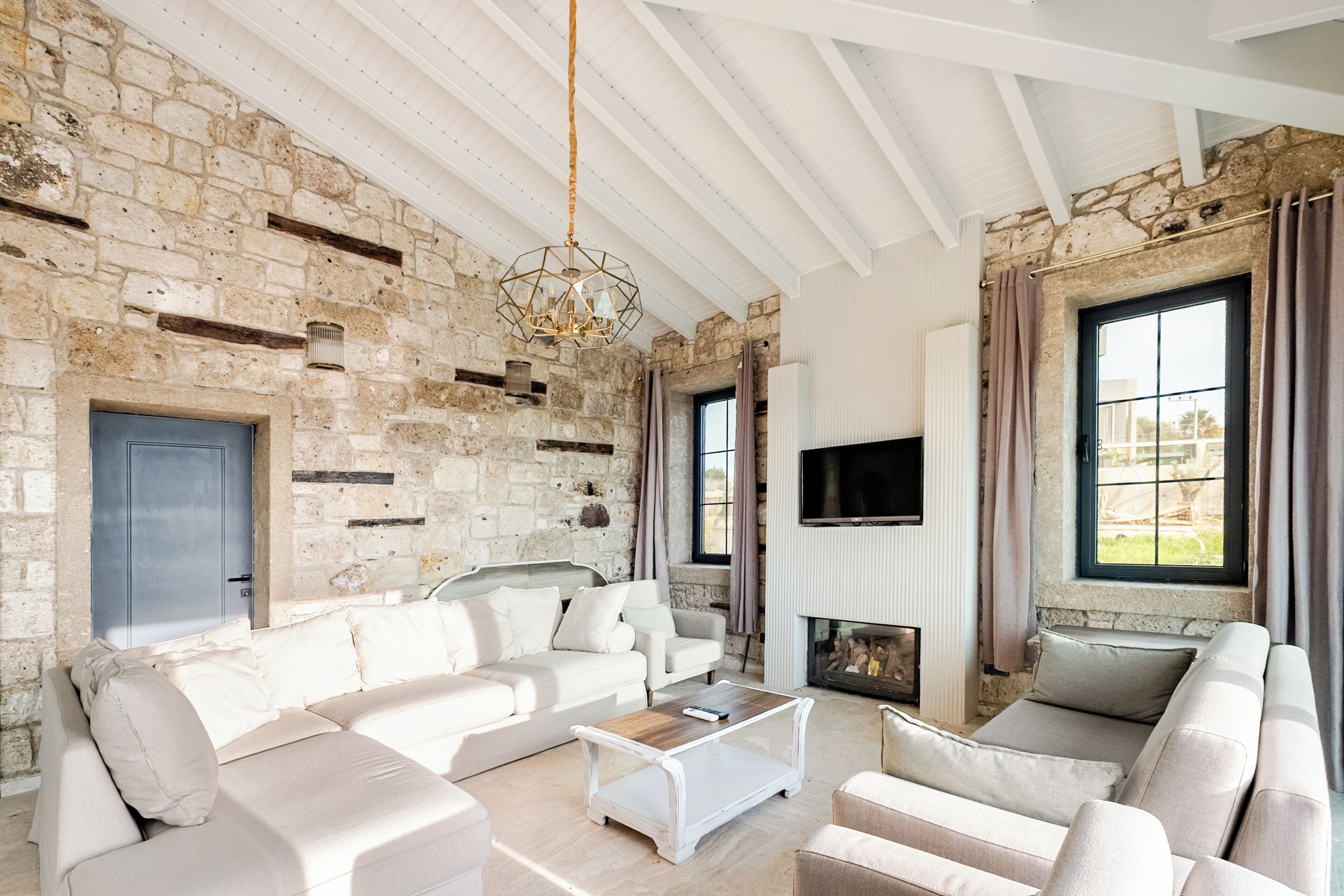 Smart TV, fireplace, books