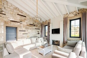 Una Smart TV, una chimenea, libros