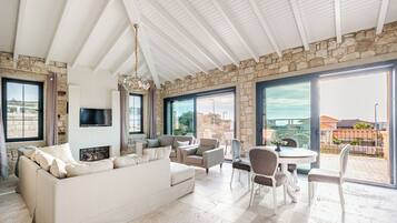 Smart TV, fireplace, books